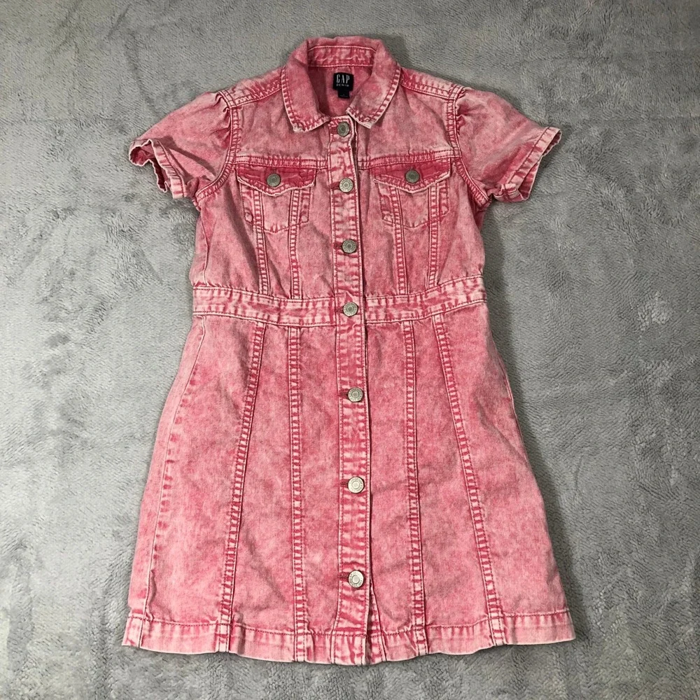 Gap Denim Dress Girls Size Medium Pink Acid Wash Short Sleeve Button Front